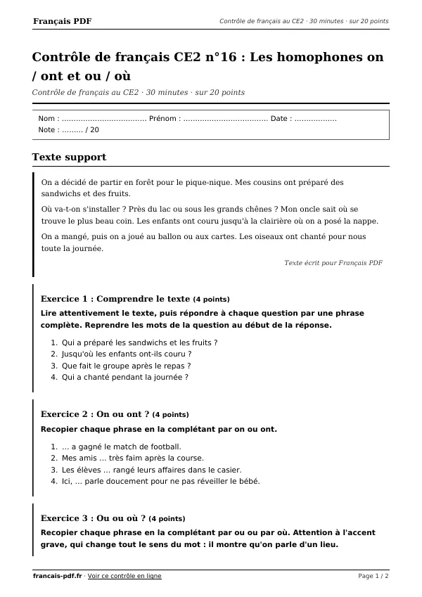 Contrôle de français CE2 n°16 en PDF