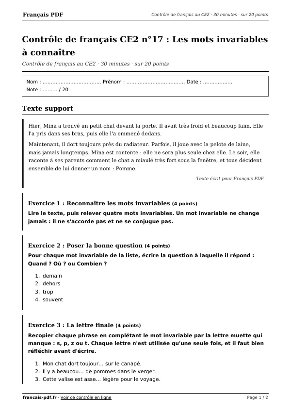 Contrôle de français CE2 n°17 en PDF