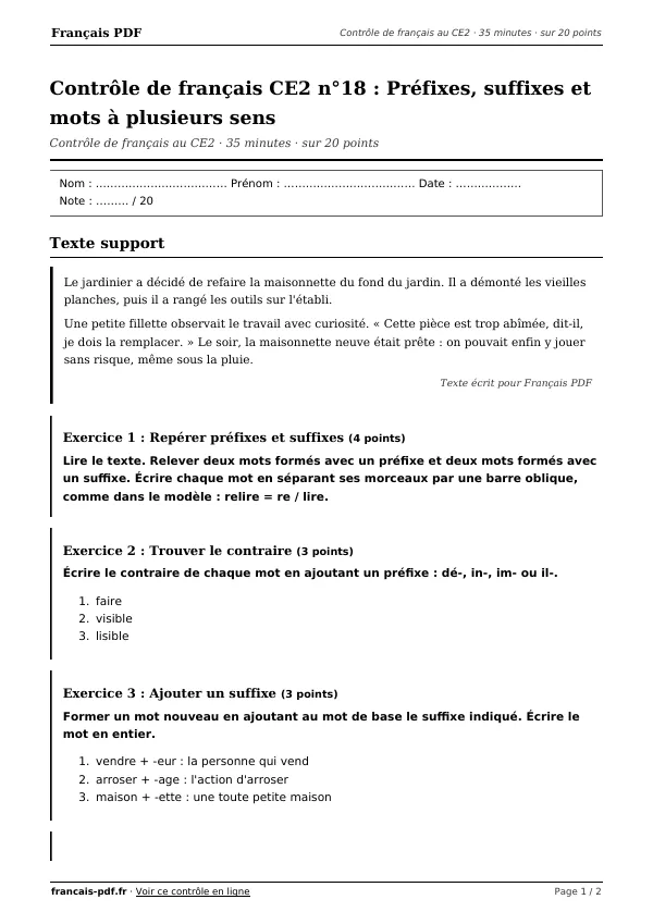 Contrôle de français CE2 n°18 en PDF
