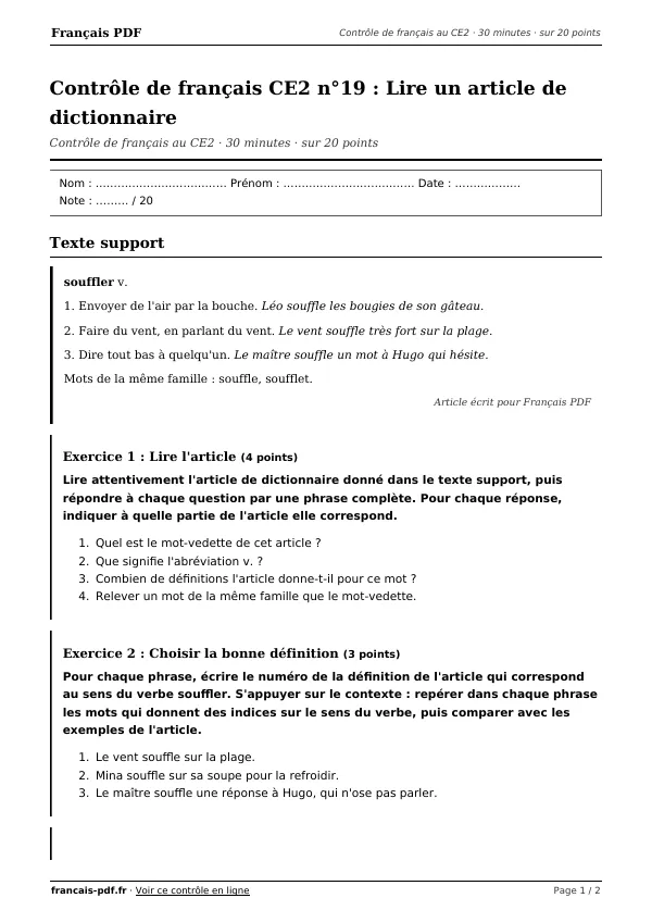 Contrôle de français CE2 n°19 en PDF