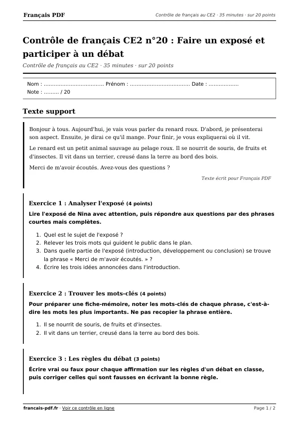 Contrôle de français CE2 n°20 en PDF