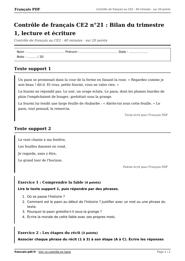 Contrôle de français CE2 n°21 en PDF
