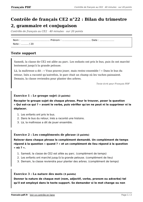 Contrôle de français CE2 n°22 en PDF