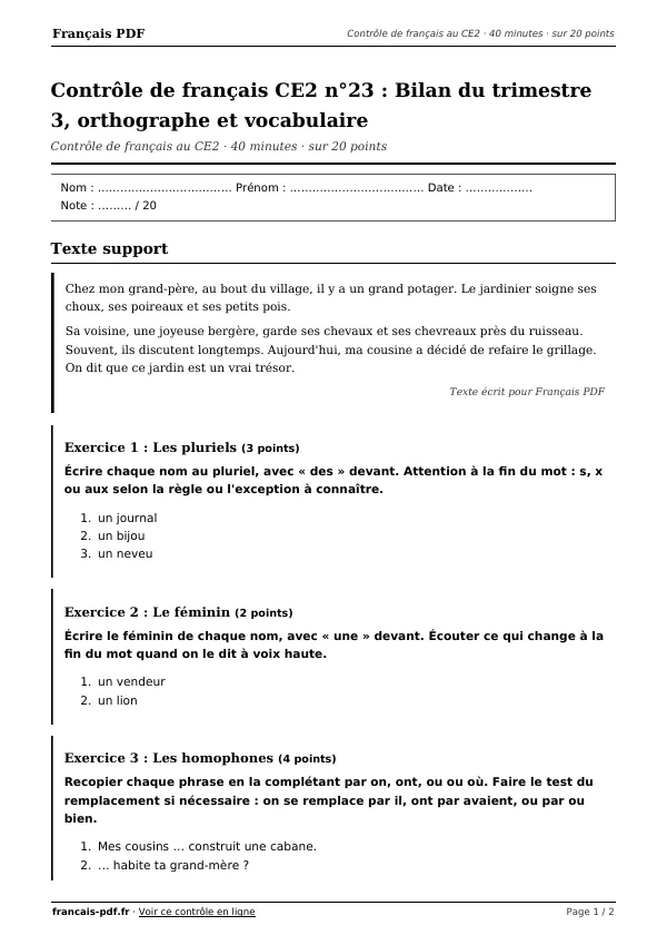 Contrôle de français CE2 n°23 en PDF