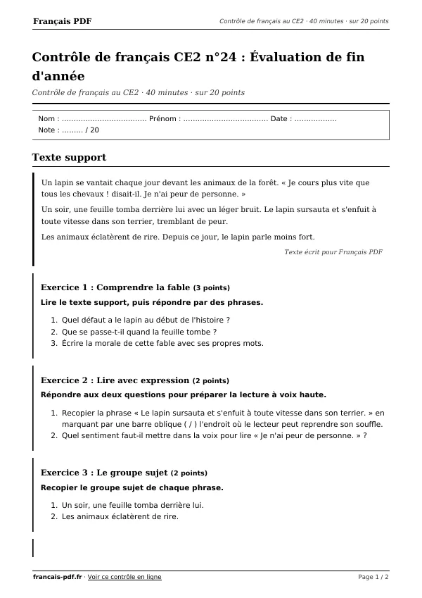 Contrôle de français CE2 n°24 en PDF