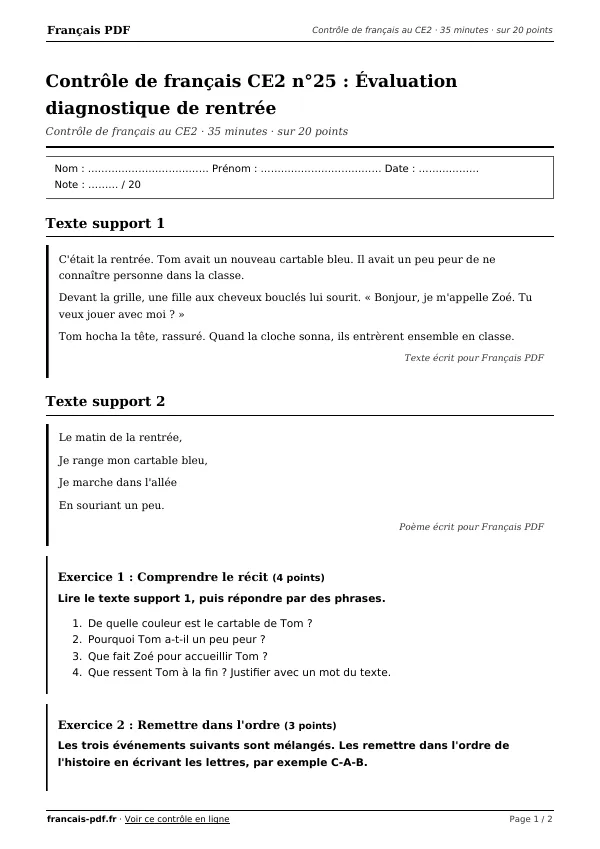 Contrôle de français CE2 n°25 en PDF