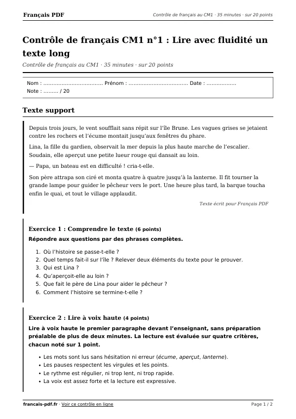 Contrôle de français CM1 n°1 en PDF