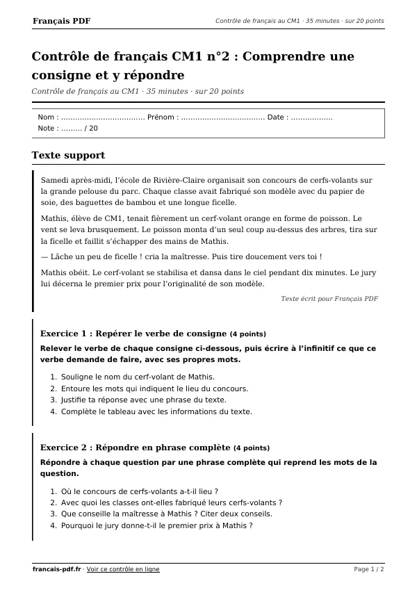 Contrôle de français CM1 n°2 en PDF