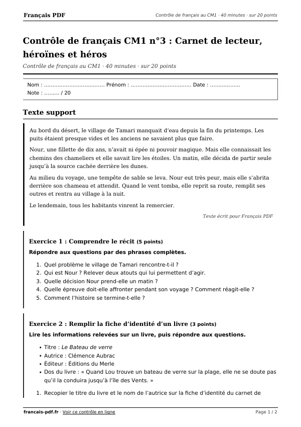 Contrôle de français CM1 n°3 en PDF