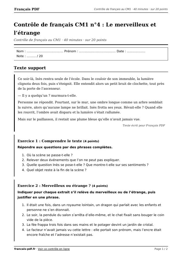 Contrôle de français CM1 n°4 en PDF