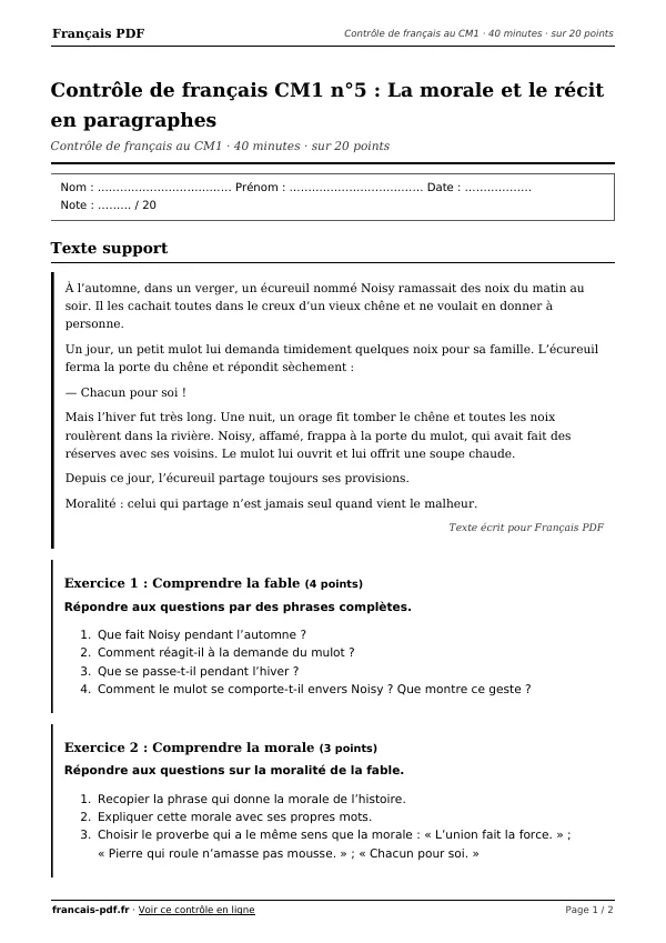 Contrôle de français CM1 n°5 en PDF