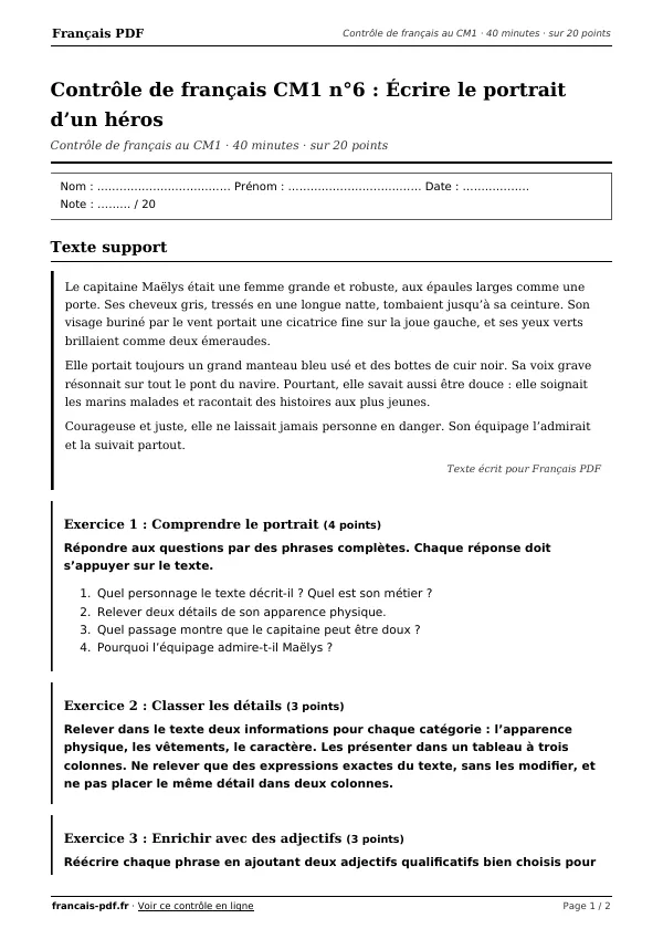 Contrôle de français CM1 n°6 en PDF