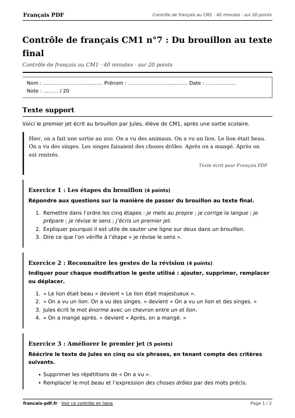 Contrôle de français CM1 n°7 en PDF