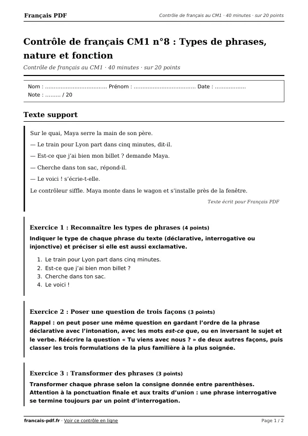Contrôle de français CM1 n°8 en PDF