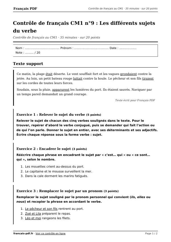 Contrôle de français CM1 n°9 en PDF