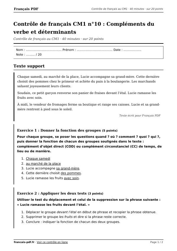 Contrôle de français CM1 n°10 en PDF