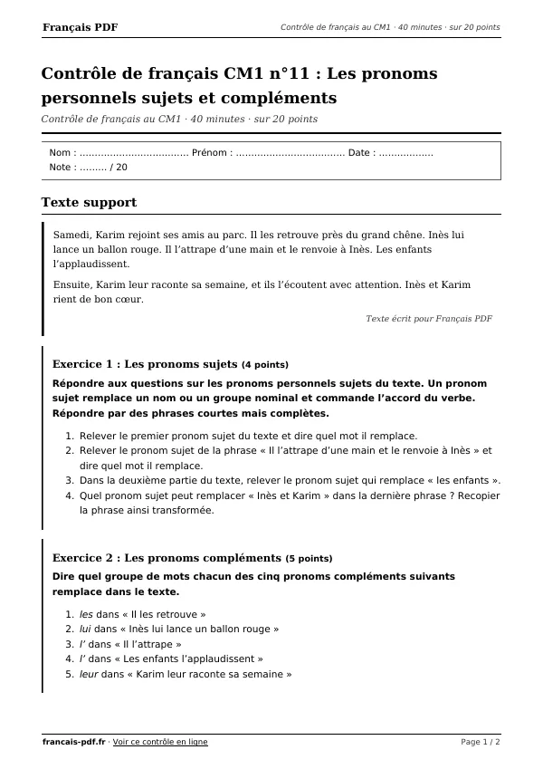 Contrôle de français CM1 n°11 en PDF