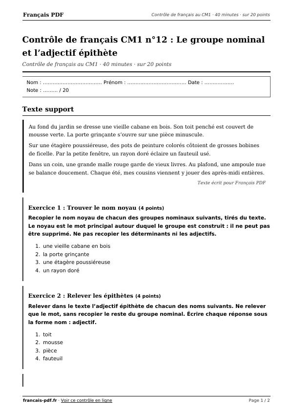 Contrôle de français CM1 n°12 en PDF