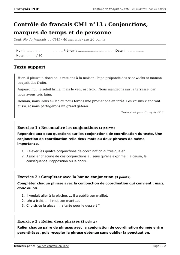Contrôle de français CM1 n°13 en PDF