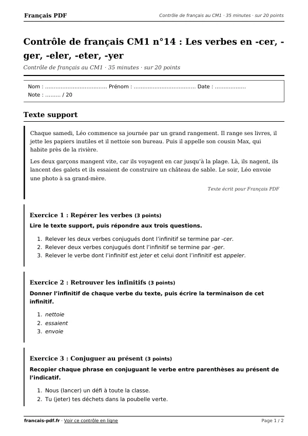Contrôle de français CM1 n°14 en PDF