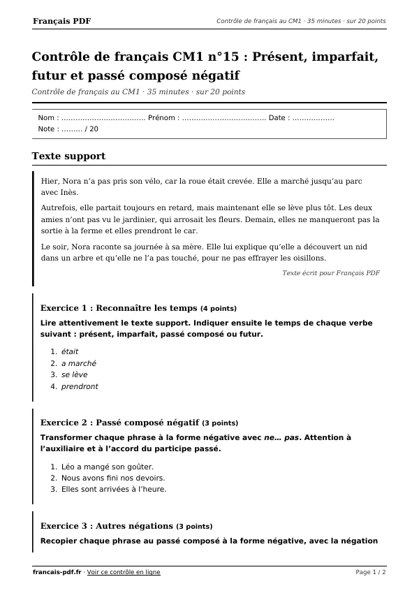Contrôle de français CM1 n°15 en PDF