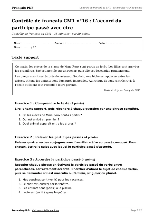 Contrôle de français CM1 n°16 en PDF