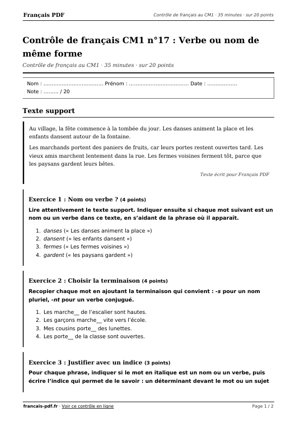 Contrôle de français CM1 n°17 en PDF