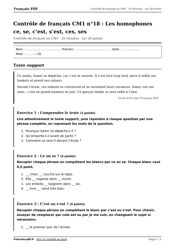 Contrôle de français CM1 n°18 en PDF