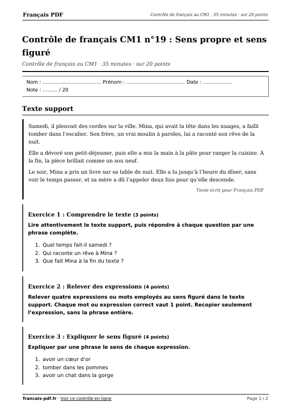 Contrôle de français CM1 n°19 en PDF