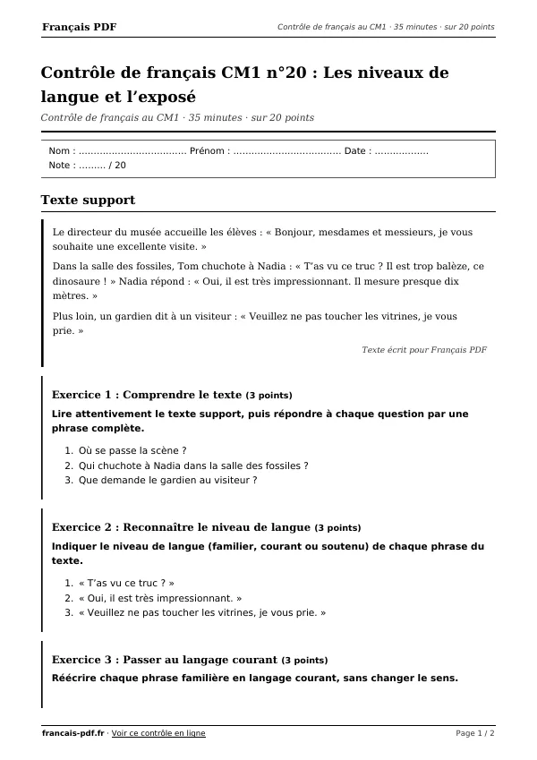 Contrôle de français CM1 n°20 en PDF