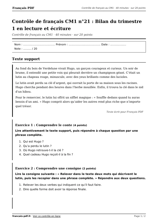 Contrôle de français CM1 n°21 en PDF