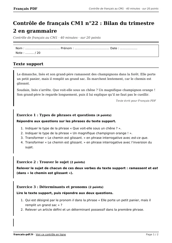 Contrôle de français CM1 n°22 en PDF
