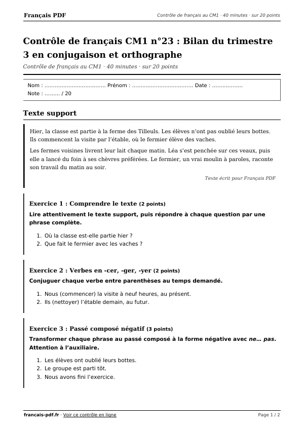 Contrôle de français CM1 n°23 en PDF