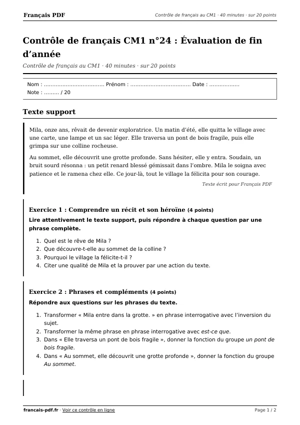 Contrôle de français CM1 n°24 en PDF