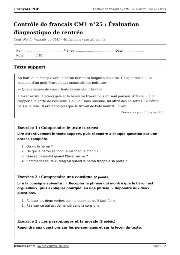 Contrôle de français CM1 n°25 en PDF