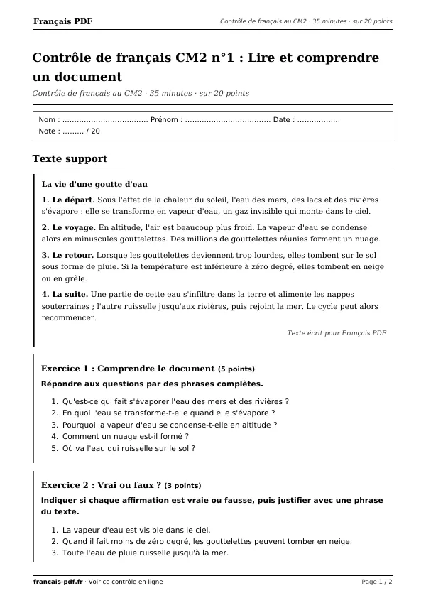 Contrôle de français CM2 n°1 en PDF