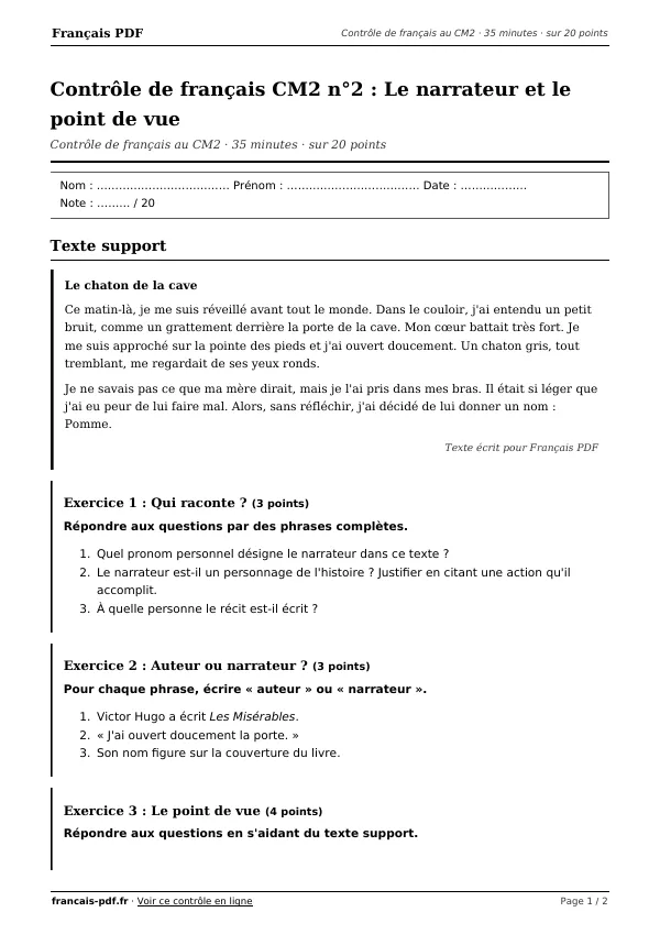 Contrôle de français CM2 n°2 en PDF