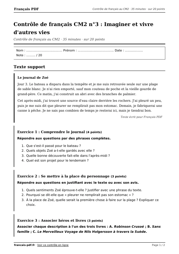 Contrôle de français CM2 n°3 en PDF