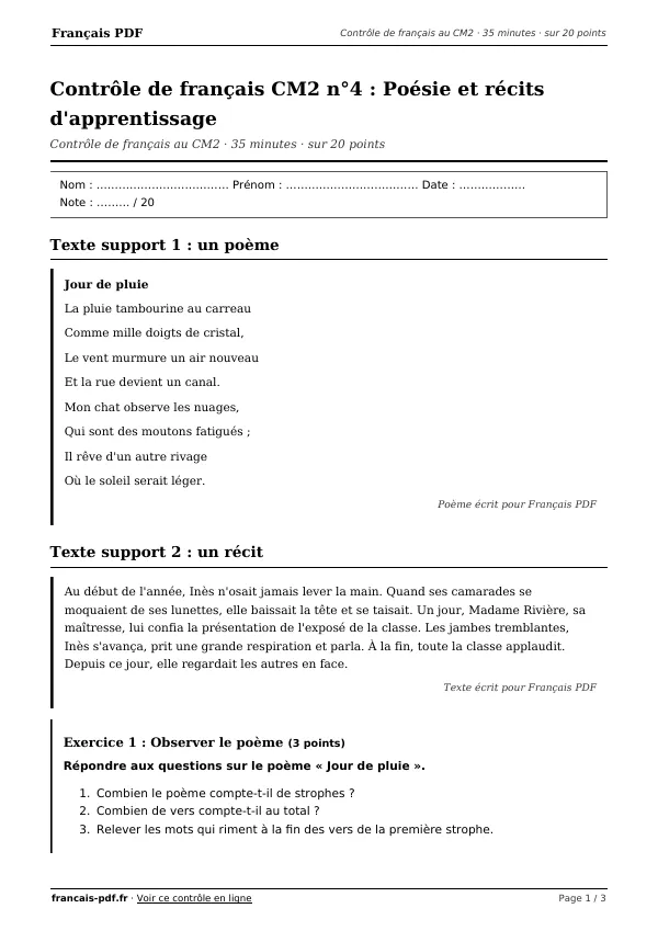 Contrôle de français CM2 n°4 en PDF