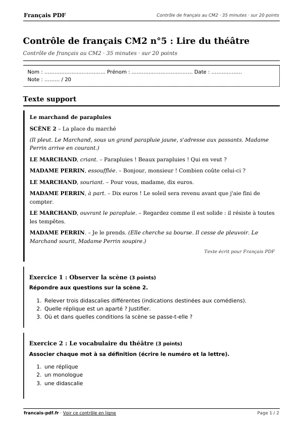 Contrôle de français CM2 n°5 en PDF