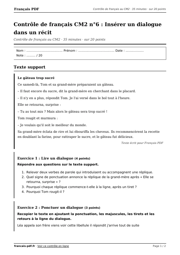 Contrôle de français CM2 n°6 en PDF