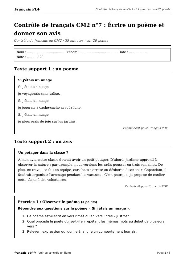 Contrôle de français CM2 n°7 en PDF