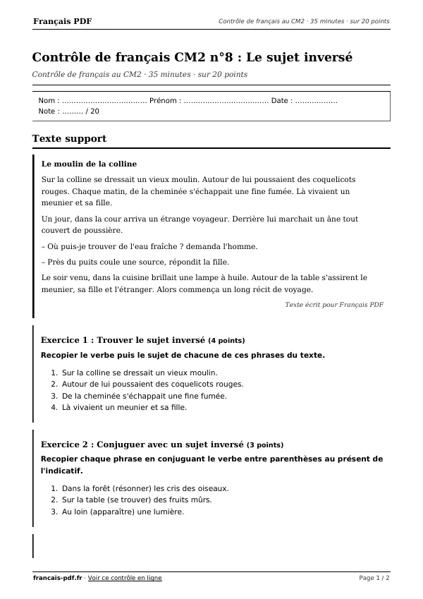 Contrôle de français CM2 n°8 en PDF