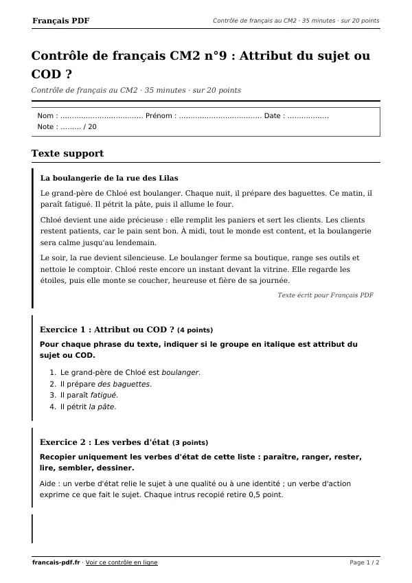 Contrôle de français CM2 n°9 en PDF
