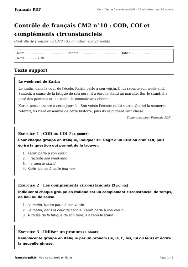 Contrôle de français CM2 n°10 en PDF