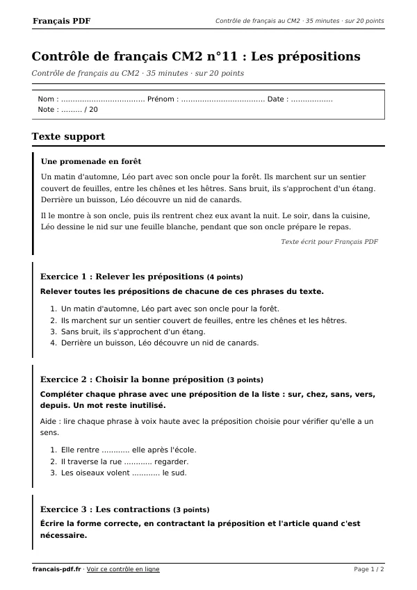Contrôle de français CM2 n°11 en PDF