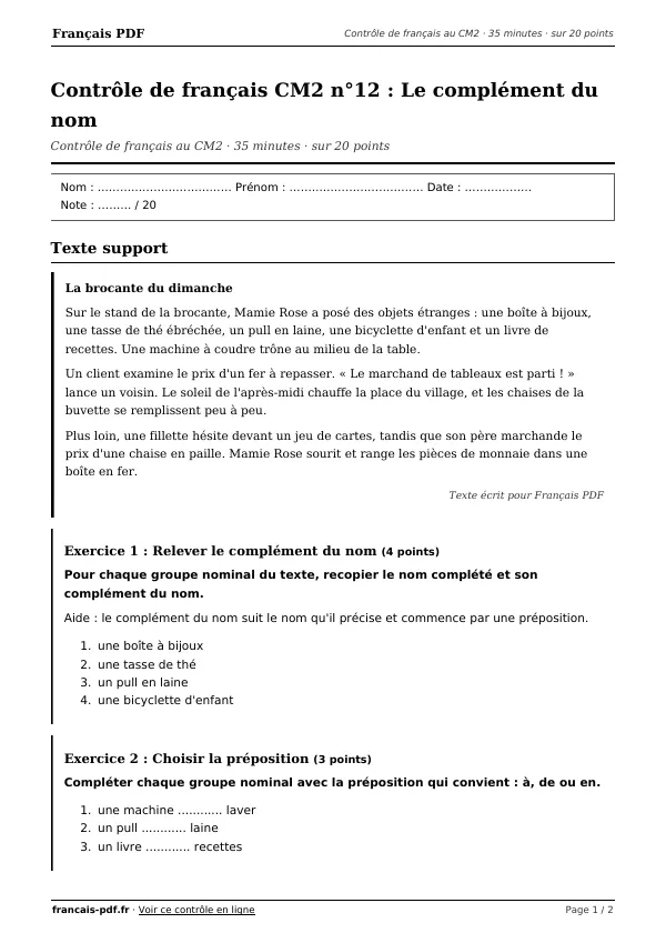 Contrôle de français CM2 n°12 en PDF