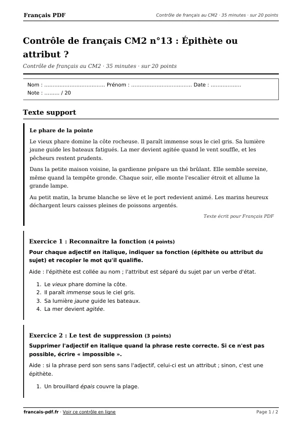 Contrôle de français CM2 n°13 en PDF