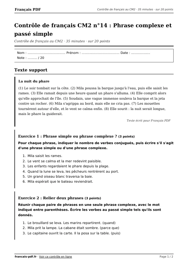Contrôle de français CM2 n°14 en PDF