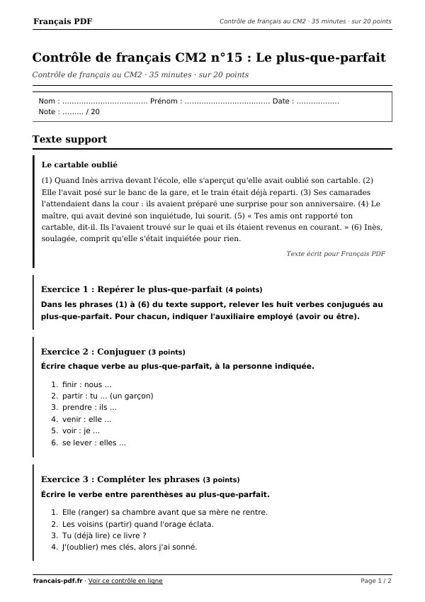 Contrôle de français CM2 n°15 en PDF